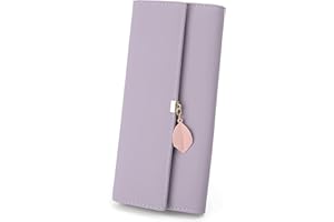 UTO Wallet for Women PU Leather Leaf Pendant Card Holder Phone Checkbook Organizer Zipper Coin Purse