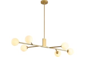 3WWWUEE Modern Gold Sputnik Island Light, 6-Light Glass Linear Chandelier for Dining Room, 46'' Ceiling Pendant Light Fixture with Globe Lampshade, Large Hanging Lamp Over Table, Bar, G9 Base
