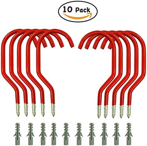 10 Pack Red Bike Hooks with 10 pack bolts, stainless steel bicycle Storage Hanger Wall Ceiling Mounted for Storage Room fit all type bikes easy on/off