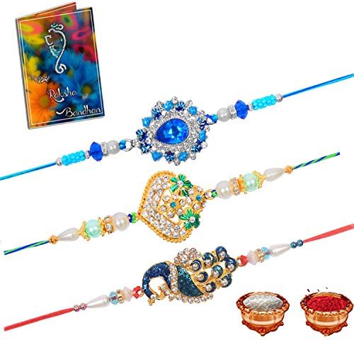 Sinjara Superior Rakhi Blue Metal Stone Rakhi Combo of 3 Rakhi Set for Brother with Greeting Card Roli Chawal