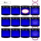 DilaBee 12-Pack 8 Ounce Plastic Cobalt Blue Refillable Slime/Cosmetic Jars with Lids and Labels, Round Containers For Beauty Products, Cream, Exfoliating Scrub, Face Masks and Lotion