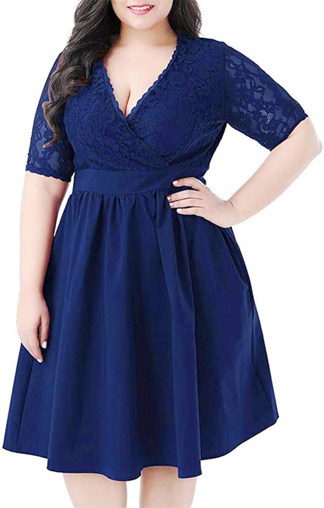 Aniywn Plus Size Short Sleeves Wrap V Neck Empire Waist Evening Dress Cocktail Party Midi Dress for Women