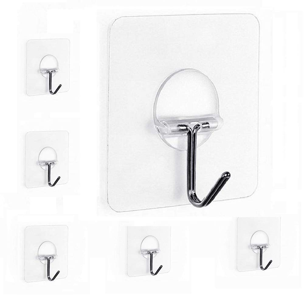 Fealkira Adhesive Wall Hooks 13.2lb(Max) Utility Stainless Steel hook for Towel Bathrobe Coats,Bathroom Kitchen Waterproof and Oilproof Nail Free Transparent Heavy Duty Wall hook & Ceiling Hanger-6pcs
