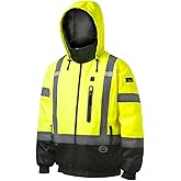 Pioneer Hi Vis Waterproof Heated Safety Bomber Jacket - Class 3 Winter Rain Gear for Men - Reflective Tape - Detachable Hood