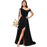 Homuguz One Shoulder Chiffon Bridesmaid Dresses Long with Slit Pleated Ruffles A Line Formal Evening Party Dress with Pockets