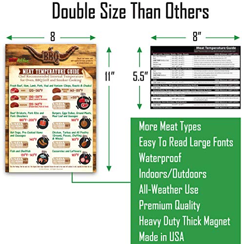 Best-Designed Cooking Gift Set: Cool BBQ Meat Temperature Guide + Comprehensive Kitchen Measurement Conversion Chart Magnets 8"x11" Grilling Cooking Baking Reference Recipe Cookbook Accessories Unique Gifts for Birthday and Holidays