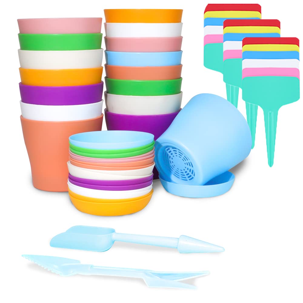 36Pcs Colorful Plastic Plant Pots Set, 16 Small Indoor Flower Pots with 18 Plant Labels and 2 Mini Transplanting Tools, Thick Round Seedling Nursery Pots for Office House Desk Garden Plants