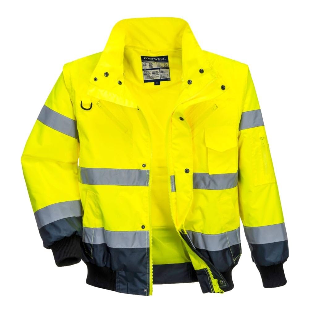 Portwest C465 Hi-Vis 3-in-1 Waterproof Contrast Hooded Bomber Jacket with Pockets - Reflective Outdoor Safety Security Workwear Coat, Yellow/Navy, XXL
