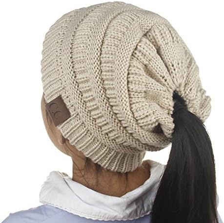Girls Beanie Tail Ponytail Winter Warm Stretch Cable Messy High Bun Knit Hat (Beige)