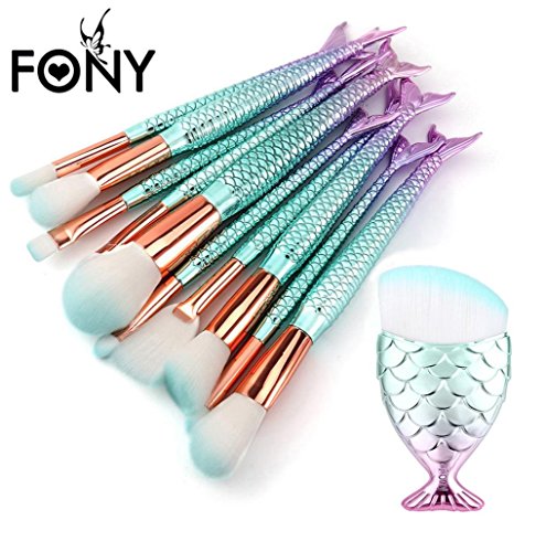 Gocheaper 10/11 PCS Mermaid Makeup Brush Set,Foundation Eyebrow Eyeliner Blush Cosmetic Concealer Brush Kit (11 Multicolor-B)