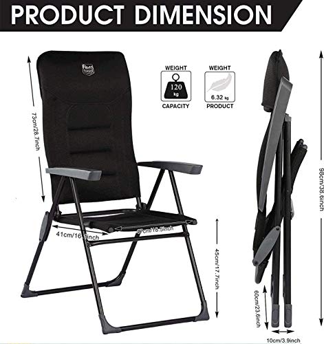 TIMBER RIDGE Gartenstuhl Hochlehner Verstellbar 7-Fach Alu Klappstuhl gepolstert 150kg mit Armlehnen und Kopfstütze Atmungsaktiv klappbar Campingstuhl Balkonstuhl Klappsessel Garten Terrasse Schwarz – Bild 2