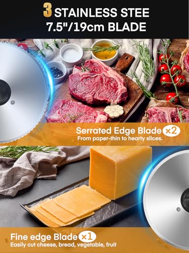 FOHERE Cortadora de Fiambre 250W, Cortadora de Carne y Pan con Cuchillas Serradas y Lisas de 19cm, Espesor Ajustable 0–15mm, Bloqueo de Seguridad, Pies Antideslizantes, Fácil de Limpiar