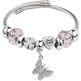 Zoe's Jewelry Stainless Steel Charm Bracelet, 8-9 Inch Adjustable Bangle with Butterfly Charms, Silver, Multi-color