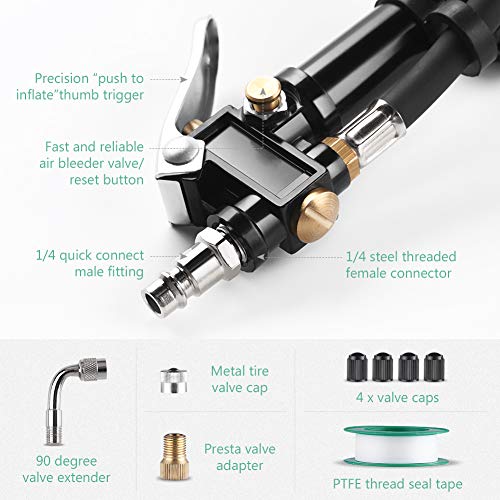 LOETAD Digital Tire Inflator with Pressure Gauge 200PSI Tire Pressure Gauge Inflator Deflator Compressor Accessories with 90Â° Valve Extender 360Â° Rubber Hose LCD