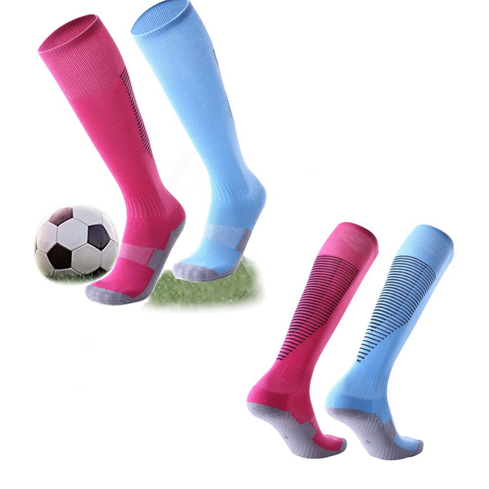 Kids Football Socks 2 Pairs Youth Breathable Sports Training Accessories, Suitable for Teen Long Boys Girls Rugby Outdoor 7-12 Years Old, Pink, One Size (STR*UK*SOCK0302-BLPK)
