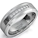 8mm Tungsten Carbide Ring with Brilliant CZ Diamonds Mens Wedding Band