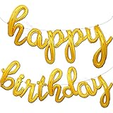 Happy Birthday Balloons Banner | Script/Cursive Gold Letter Balloon Sign for Birthday Party Decor/Decoration | Foil Mylar Happy Birthday Banner (Gold)