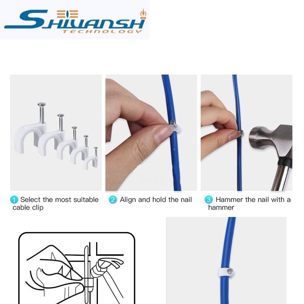 SHIVANSH TECHNOLOGY® Cable Clips with Metal Nails for Cable Management Cord Organizer, Round Wire Fastener Clamps for Hanging Cables Fitting on Wall | Pack of 100, (16mm, White) 4