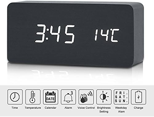 Niceeco LED Digital Wooden Alarm Clock Touch Sound Sensor Voice Contorl Nightlight Large Display Temperature Calendar Mains Powered USB/AAA Battery Modern Clock for Home Office(balck-white)