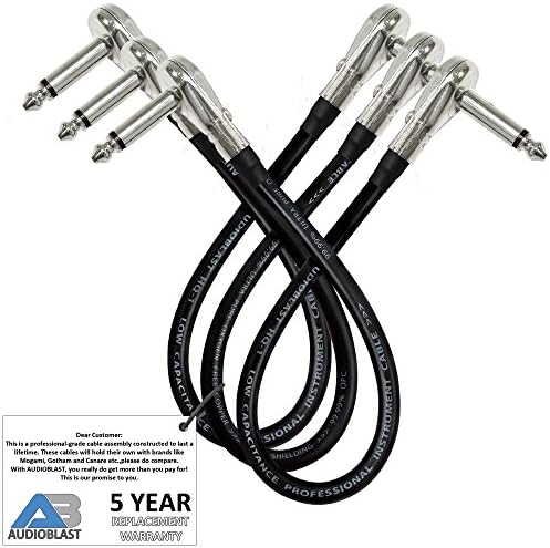3 Units - 15 Inch - Audioblast HQ-1 - Ultra Flexible - Dual Shielded (100%) - Instrument Effects Pedal Patch Cable w/ ¼ inch (6.35mm) Low-Profile, R/A Pancake Type TS Connectors & Dual Staggered Boots