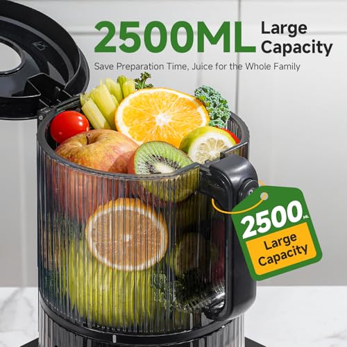 AMZCHEF Cold Press Juicer, Slow Masticating Juicer with 160mm Wide Feed Chute & 2.5L Large Hopper, 3-in-1 Juicer Machines with 2 Strainers(Juice, Nut Milk & Sorbet), Quiet Motor, Quick Release Design
