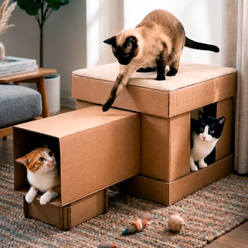 Casa para Gato com Arranhador e Tunel Casinha Desmontável Kartona