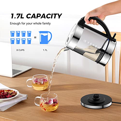 LUUKMONDE 1500W Electric Kettle ,1.7L Borosilicate Glass Tea Kettle with LED Light, Water Kettle Electric Fast Boiling, Auto Shut-Off and Boil-Dry Protection, BPA Free