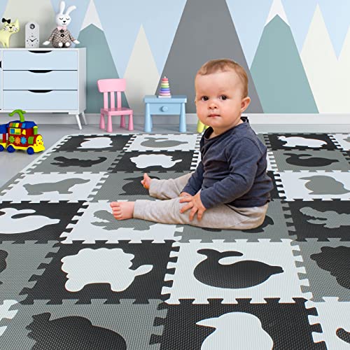 Yostrong 18 Tiles Interlocking Animal Puzzle Foam Baby Play Mat with Straight Edges for Playing - Rubber EVA Babies Crawling Mats for Floor. White, Black, Gray. YOP-51(ADL) b18S18