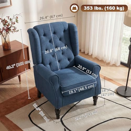 HOMCOM Fabric Accent Chair, Button Tufted Armchair, Upholstered Modern Living Room Chair, Wingback Chair with Wood Legs, Rolled Arms, Thick Padding for Bedroom, Blue