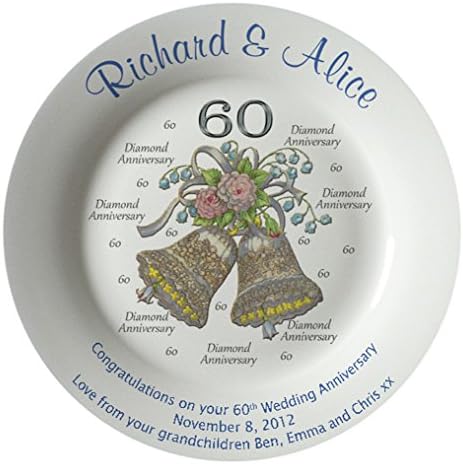 Personalized Bone China Commemorative Plate for A 60th Wedding Anniversary - Wedding Bells Design with A Plain Rim