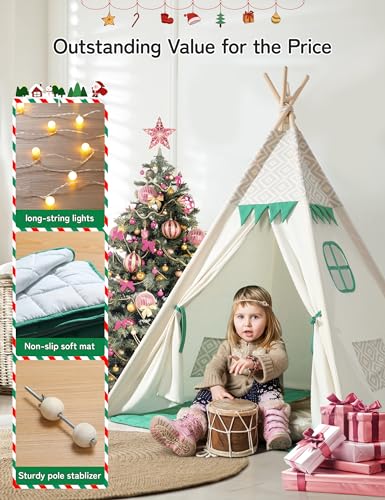 besrey Kids Play Tent Indian Canvas Teepee Cotton with Padded Mat and Fairy Lights (Green and White)