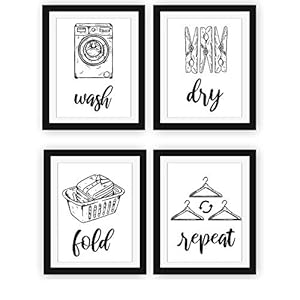 Modern 5th Laundry Room Signs (Set of 4 Unframed – 8 x 10 Inches), Wash Dry Fold Repeat, Typography Wall Art Decor…