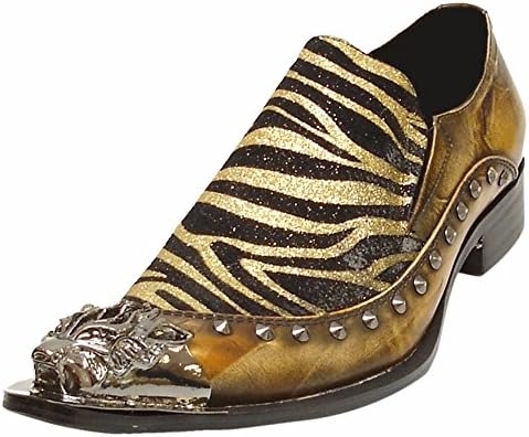 Fiesso Mens Brown Leather Zebra Pattern Studded Metal Toe Fashion Trendy Slip on Shoe