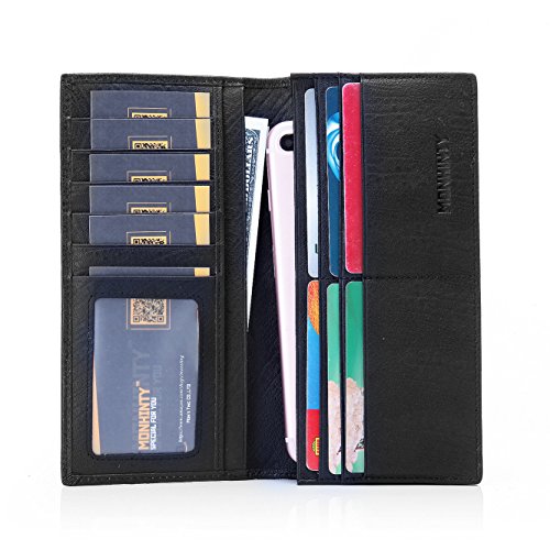 MONHINTY Men's Genuine Leather Multi-Card Long Bifold Wallet Black