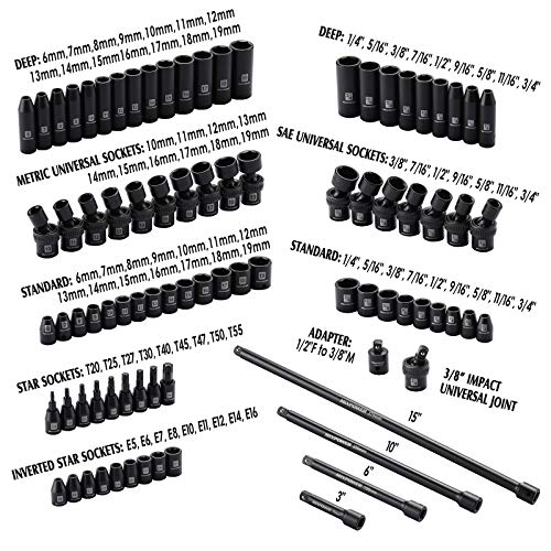 MIXPOWER 3/8'' Drive Master Impact Socket Set, 87Piece Deep & Standard