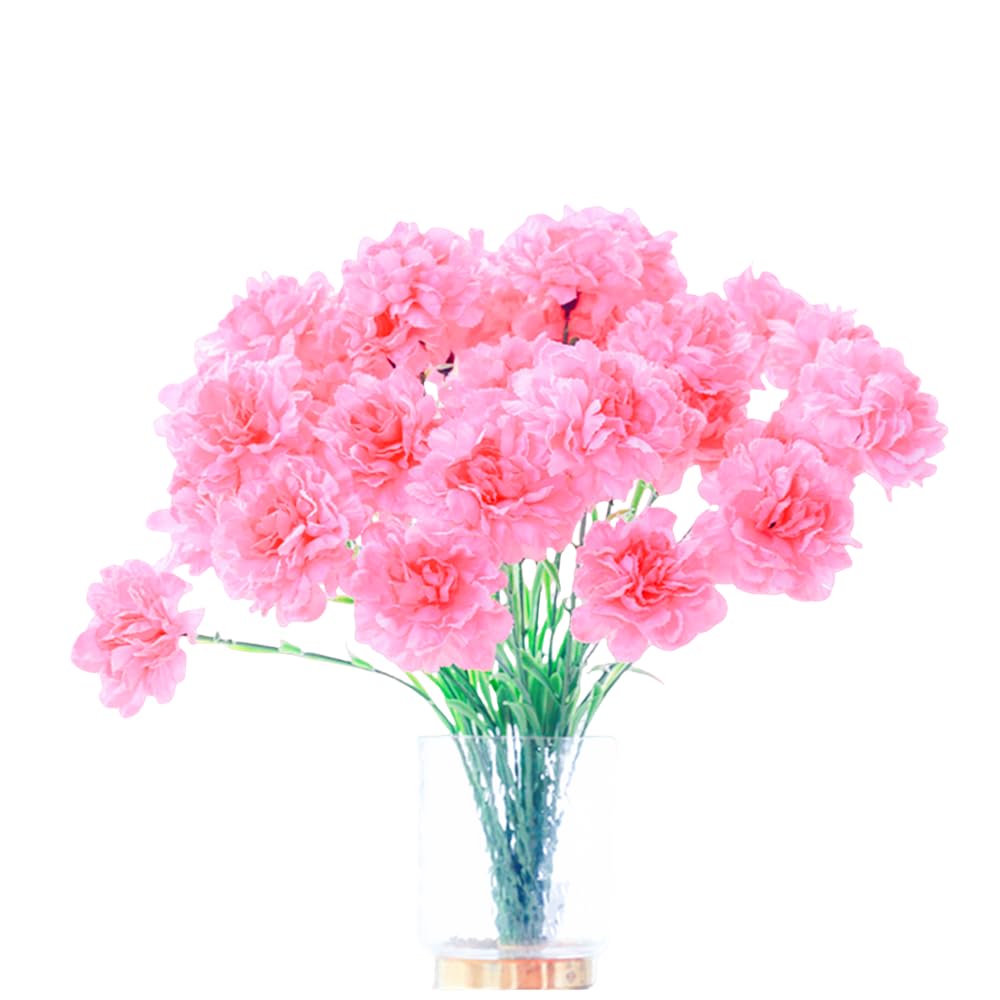 10 Bunches Bouquet of Artificial Silk Flower Carnations,Single Flower Head 20inch Bouquet and Green Leaf for Home Party,Home Decoration Bridal Wedding Holding Flowers Decoration (Pink)