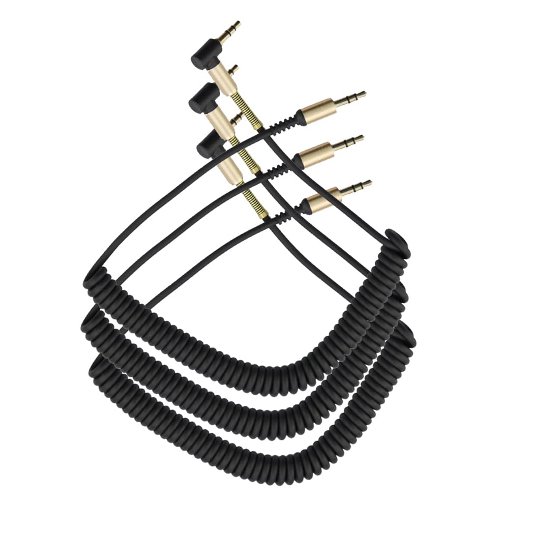 LiKuCo 3Pack 3.5mm Coiled Audio Cable Cord, 90 Degree Right Angle AUX Cable with Steel Spring Relief for Headphones, iPods, iPhones, iPads, Home/Car Stereos and More (3Pack Black)