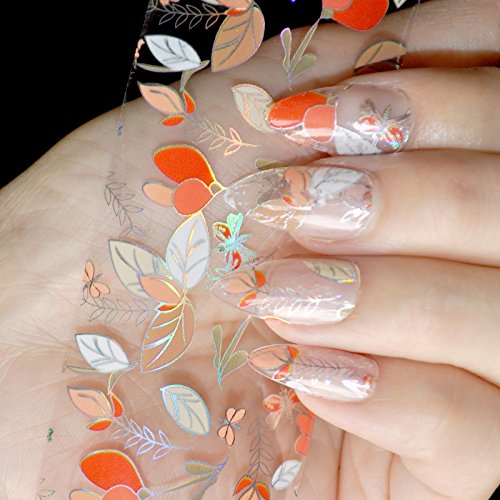 1 piece= 1meter Leaves Design Nail Art Glue Transfer Foil Sticker Laser Leaf Orange White Clear Base Nail Decoration Accessories with nail foil glue