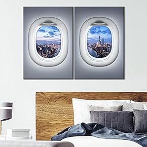 2 Panel Canvas Wall Art - Grey Plane Window Seat Tall City Skyscraper Sunset View - Giclee Print Gallery Wrap Modern Home Art Ready to Hang - 16"x24" x 2 Panels