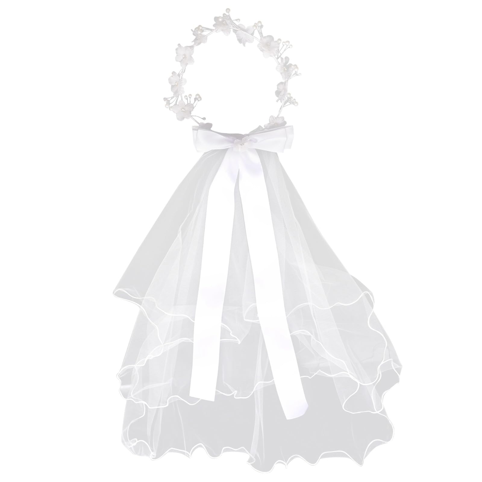 First Communion Veil for Girls, White Polyester Headpiece with Flower Wreath Crown & Pearls First Holy Communion Accessory