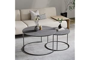 Round Nesting Table Marble: Set of 2 Modern Low Tables Large 32" Small 24" Stone Top Plate Steel Legs Circle Center Accent Ta
