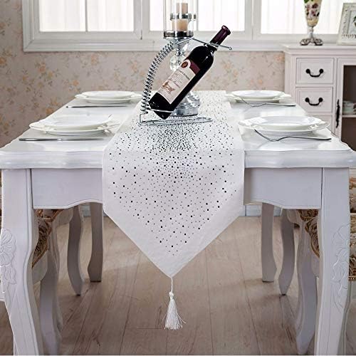 Tenrany Home Diamond Table Runner with Tassels, Fashion Rhinestone Bright Star Damask Silk Table Bunting for Home Coffee Tables Wedding Parties Decoration (White, 13.0 x 73 inches)