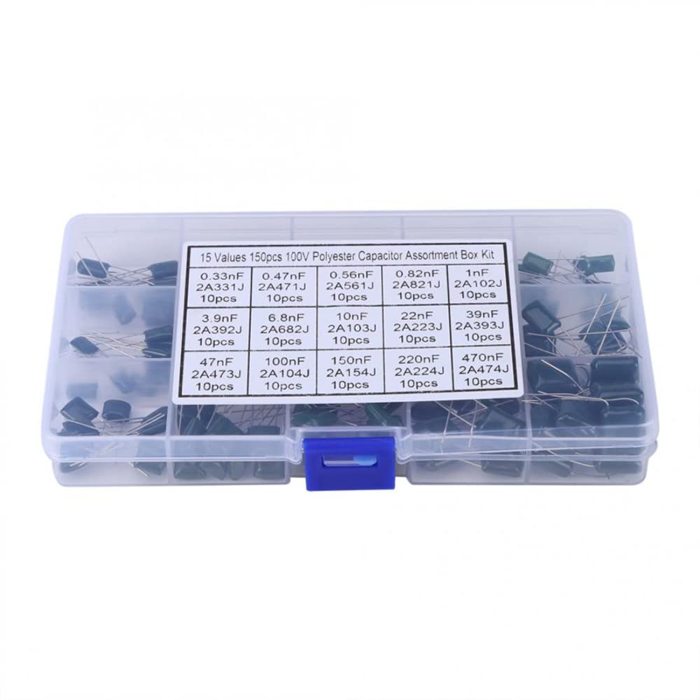 DollaTek 150PCS 15 Value(each 10pcs) 100V 0.33NF- 470NF Polyester Film Capacitor Assortment Kits + Plastic Box