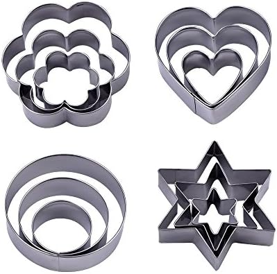 12pc Metal Cookie Cutter Set Stainless Steel Molds,3 Stars Shape, 3 Flowers Shape, 3 Round Shape, 3 Hearts Shape (Assorted Sizes)