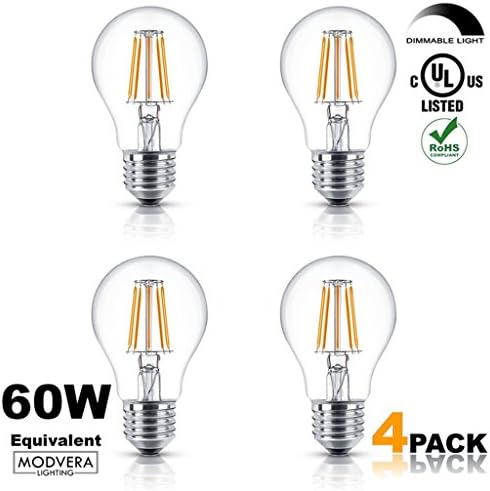 Modvera A19 LED Vintage Filament Bulb, Dimmable, 6W (60W Equivalent), 610 Lumen, 2700K, Omnidirectional, E26 Base, IC Driver, CRI 80+, 120v, UL-Listed - 4 Pack