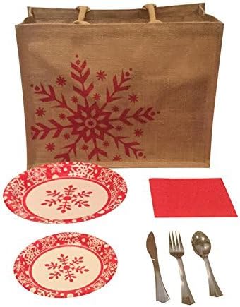 Winter Holiday Disposable Dinnerware Service for 20 five Piece Bundle with BONUS Tote