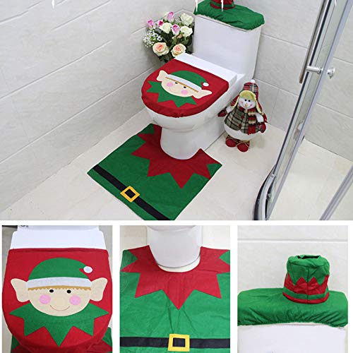 WINBOB 3PCS Christmas elf Toilet Seat Tank Cover and Rug Set Bathroom Christmas Decorations Supplies - Thumbnail 2