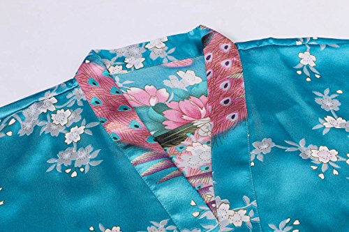 Yukata Women's Short Kimono Robe, Peacock&Blossom Design, Blue XL