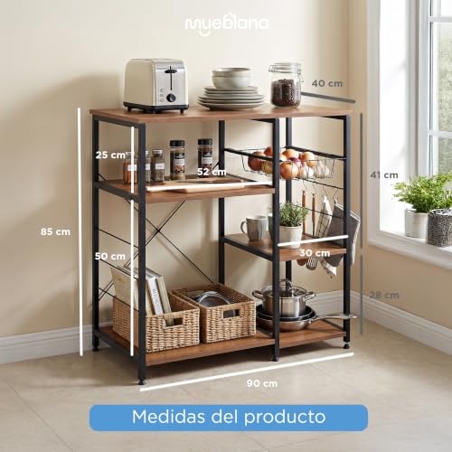 MUEBLANA - Alacena organizador cocina – Con estantes, canastillas y colgadores – Acero y madera – Compacta, resistente al agua y fácil de armar – 90x40x85 cm – Capacidad 20kg por nivel