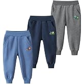 GFQLONG Toddler Boys Cotton Pants Kids Embroidery Joggers Sweatpants 2T-10Y | 3 Pack, Dinosaur, Car &amp; Truck Designs, Elastic Waistband, Ribbed Cuffs, Side Pockets, Black, Grey, Navy Blue, School &amp; Play